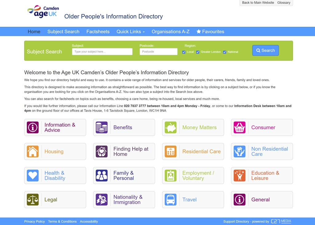 Image of Age Uk Camden Information Directory home page.