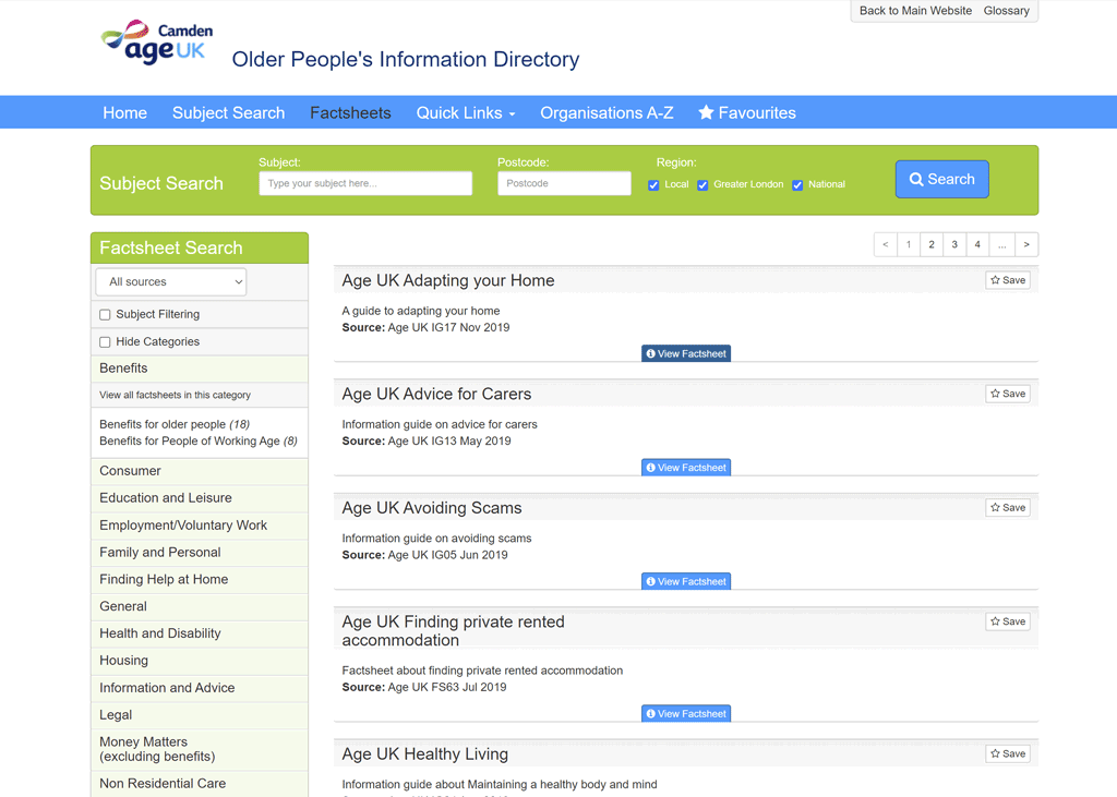Age Uk Camden Information Directory factsheets page.