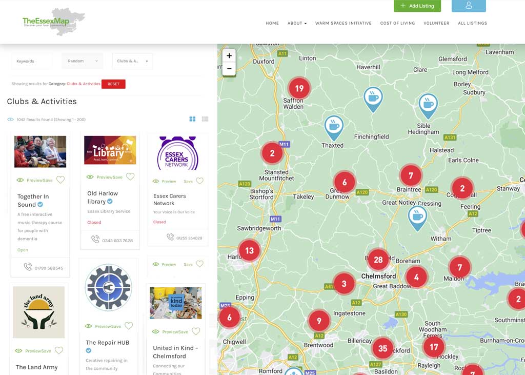 The Essex Map Support Directory listings page example.