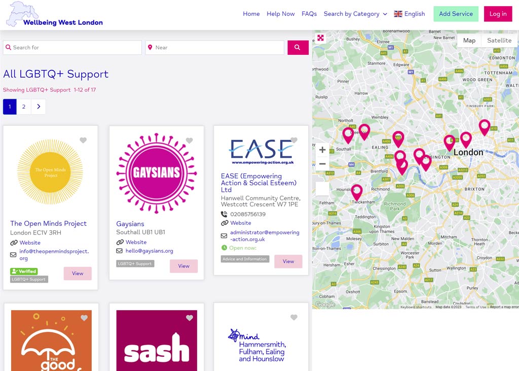 Image of Support Directory interface showing listings and map search.