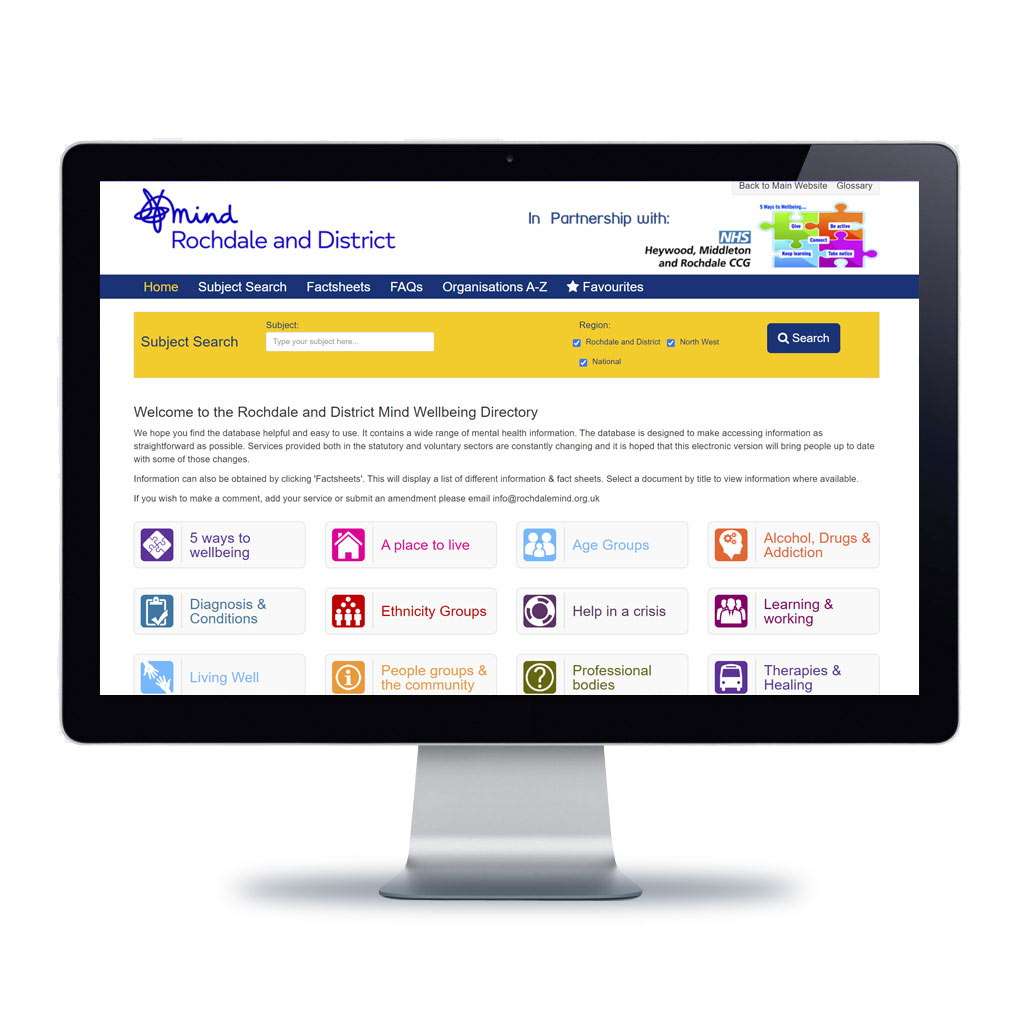 Image of Rochdale Mind wellbeing directory displayed on a computer monitor
