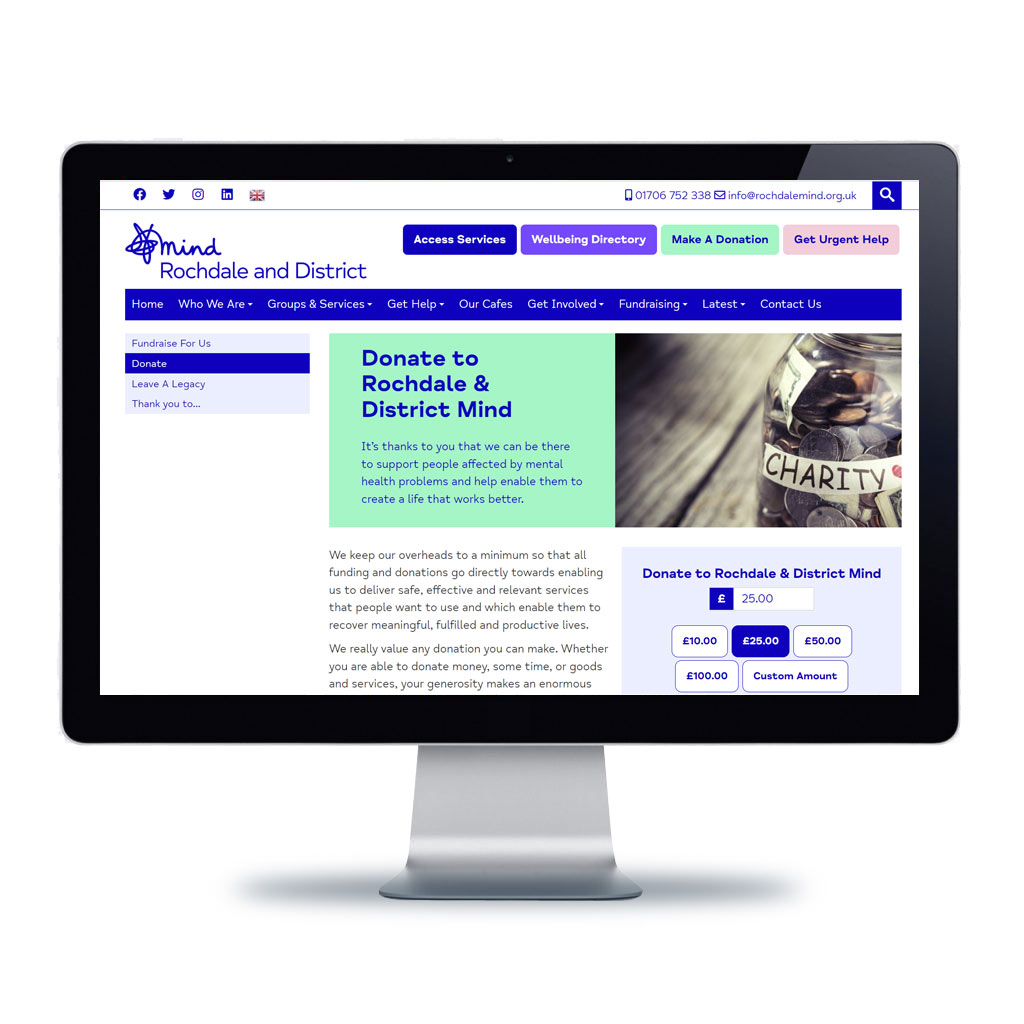 Computer monitor displaying website page with online donation facility