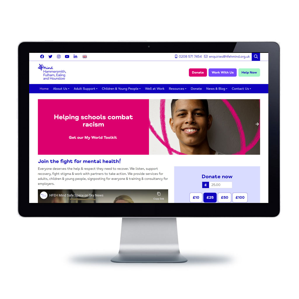 Image of HFEH Mind home page displayed on desktop monitor