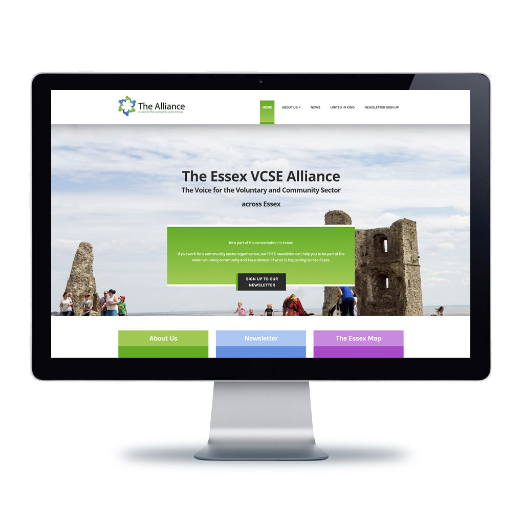 Computer monitor with the Essex VCSE Alliance home page displayed