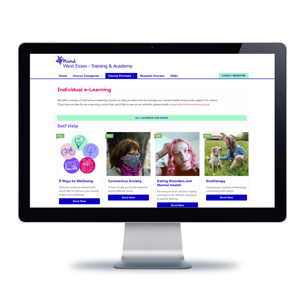 Image of computer monitor with Mind in West Essex Training Academy page displayed