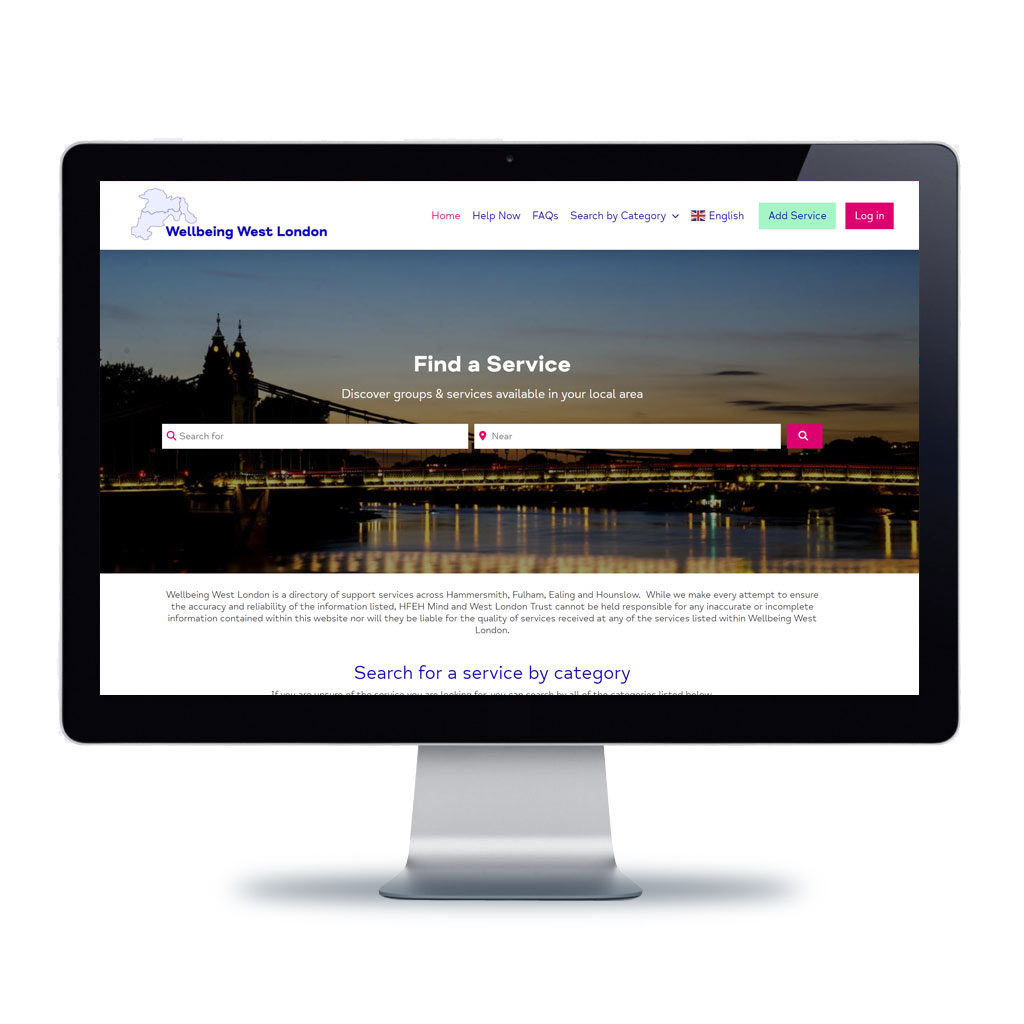 Image of Wellbeing West London home page displayed on a desktop